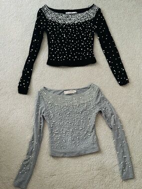 Lizette Collection Pearl Beaded Long Sleeve Knit Sweater Top Black + Grey Bundle